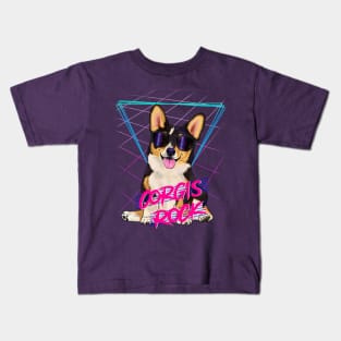 Corgis rock - Tri-color corgi with sunglasses and 80s background Kids T-Shirt